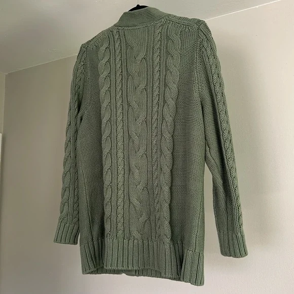 L.L. Bean Double L® Cable Sweater, Button-Front Cardigan - Bay Leaf Green - Picture 3 of 7